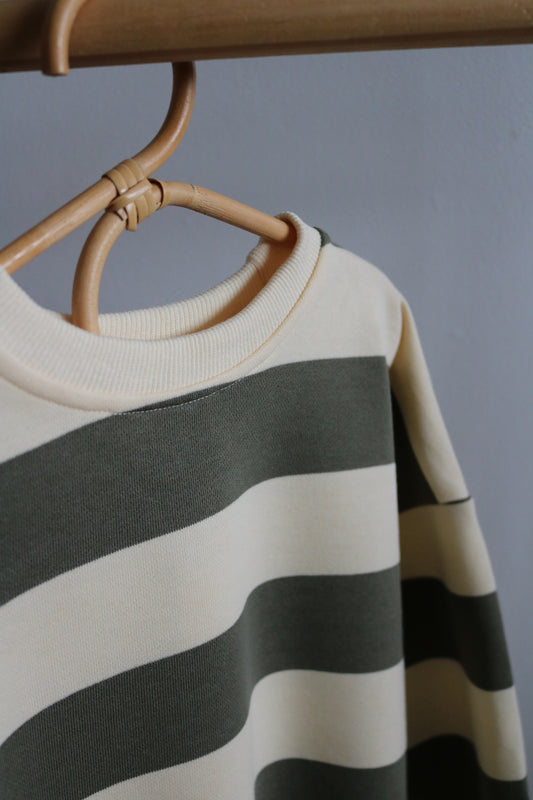 Khaki Green Cotton Striped Sweatshirt