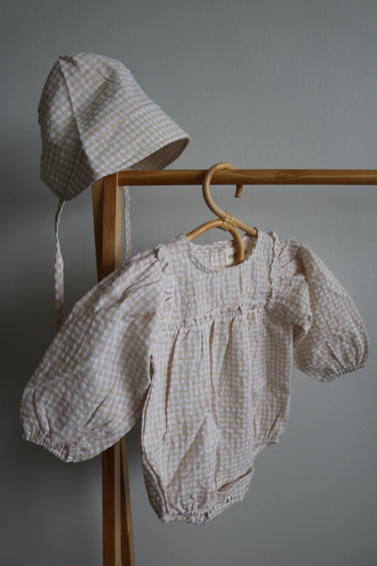 Gingham Romper and Bonnet Set in Beige