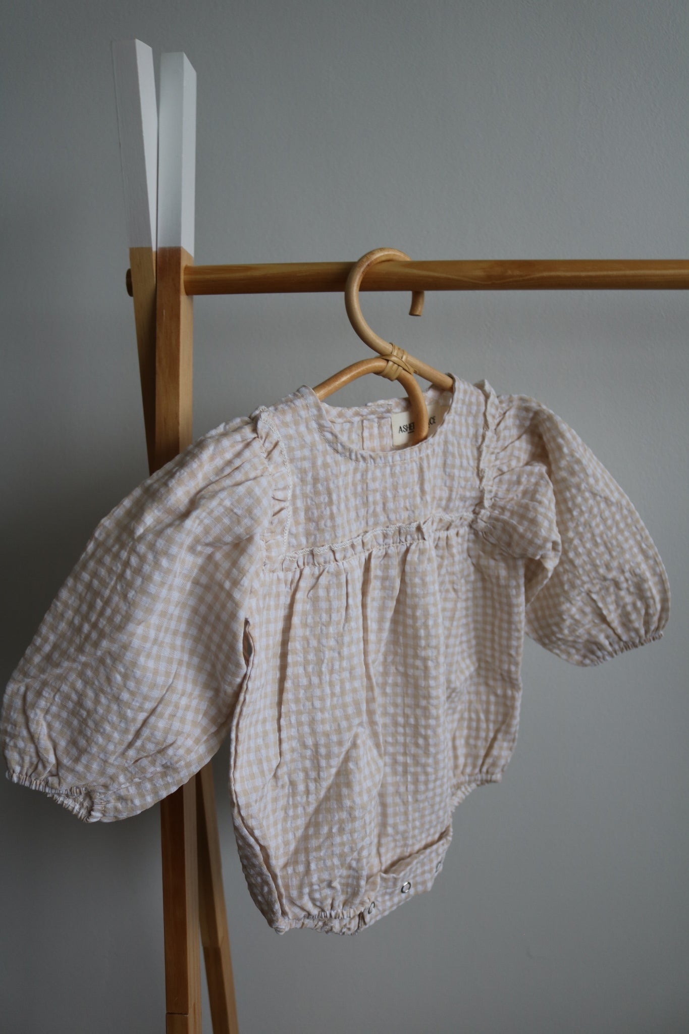Gingham Romper and Bonnet Set in Beige
