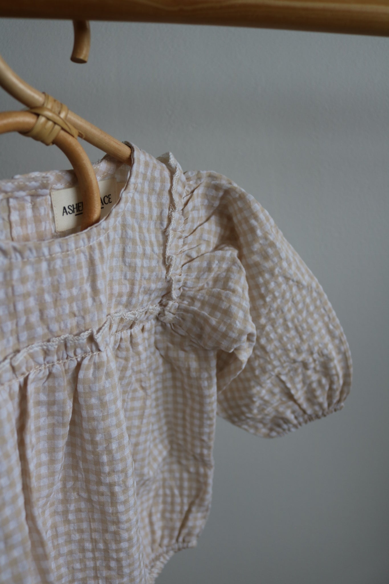 Gingham Romper and Bonnet Set in Beige