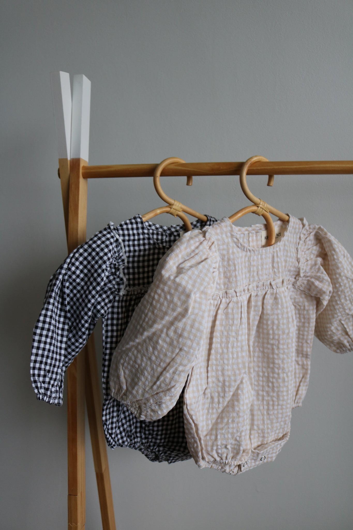 Gingham Romper and Bonnet Set in Beige