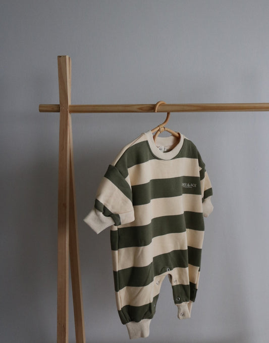 Khaki Green Striped Cotton Romper