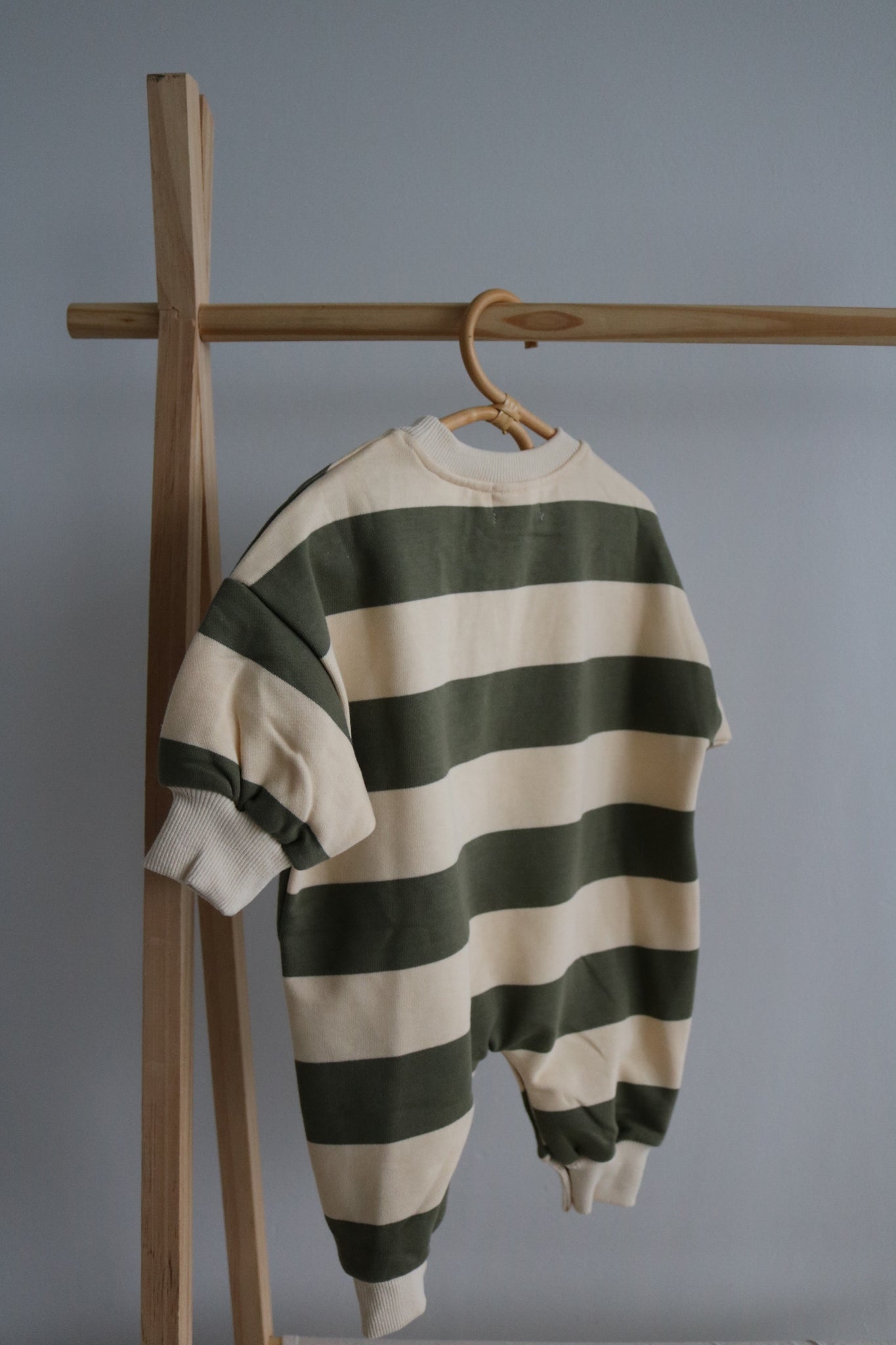 Khaki Green Striped Cotton Romper