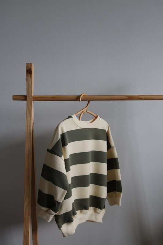 Khaki Green Cotton Striped Sweatshirt